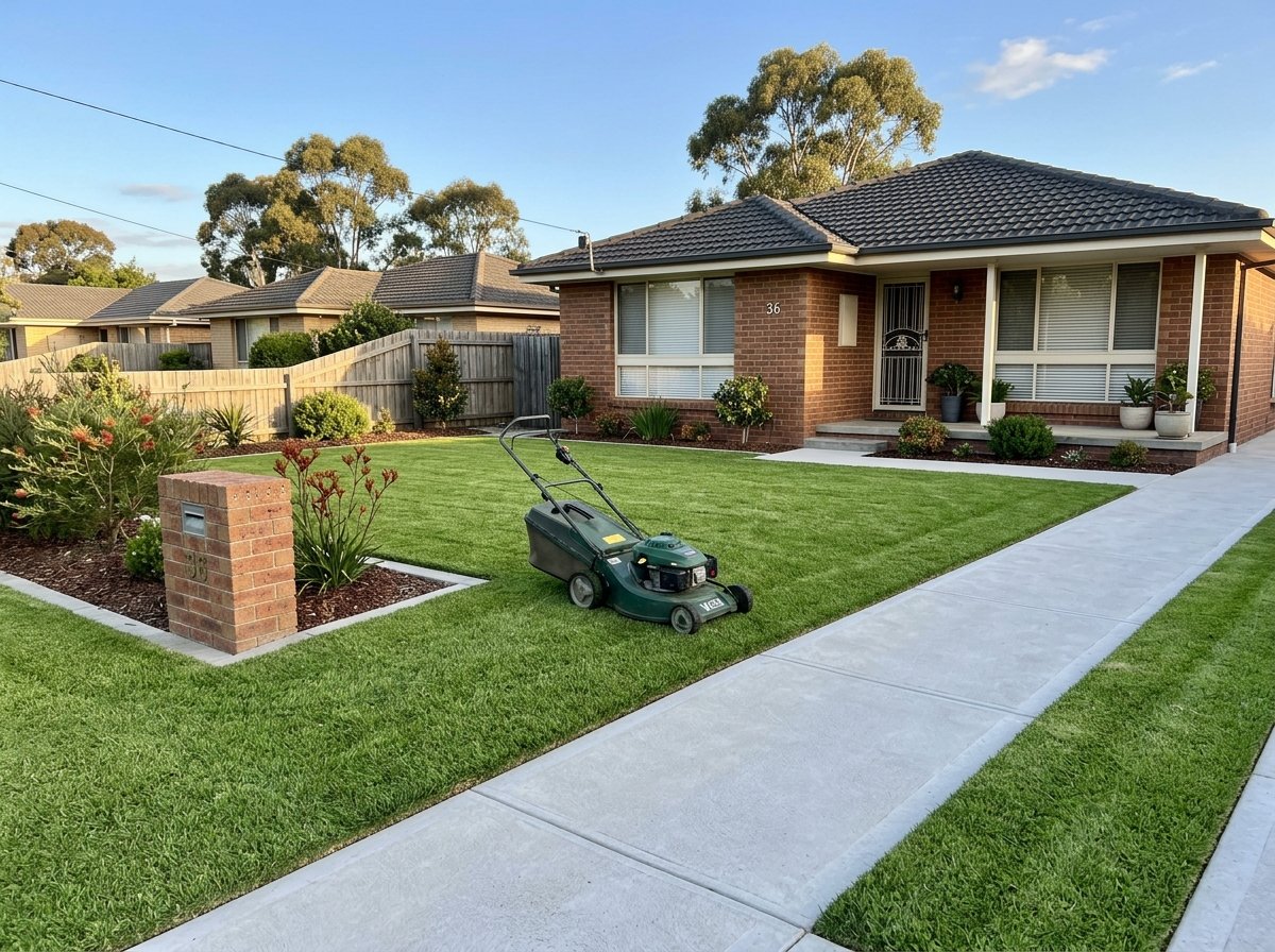 lawnmower sitting on green lawn 202609021953